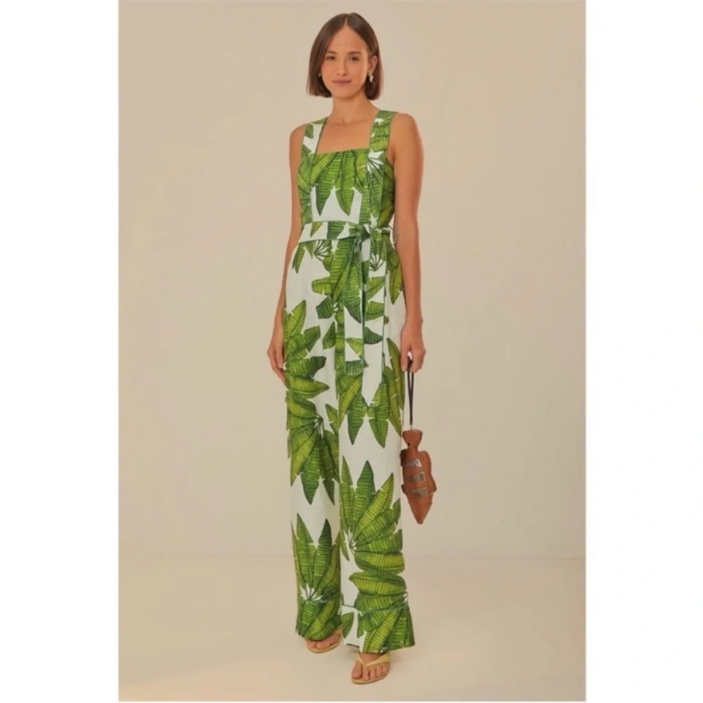 Farm Rio x Anthropologie Palm Fan Off-White Jumpsuit NWT Size XS Linen
